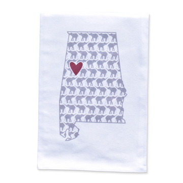 Elephant Heart Crimson towel hanging in a kitchen, Alabama-themed cotton towel with crimson elephant heart design, University of Alabama fan gift towel