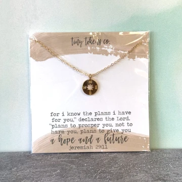 Gold compass necklace with Jeremiah 29:11 card, faith-based jewelry gift for women, inspirational Christian necklace, Alabama Goods