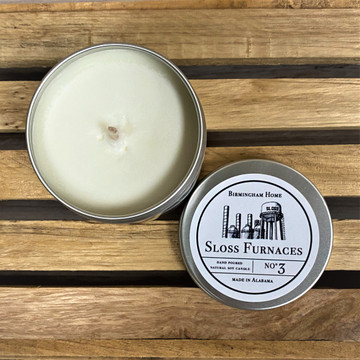 Birmingham soy candle tin, Alabama-made candle gift, Birmingham souvenir candle, travel candle tin, Southern home fragrance Birmingham Sloss Furnaces