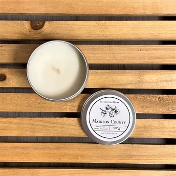 Huntsville Alabama soy candle tin, handmade candle gift, local Alabama candle, scented soy candle in tin, Huntsville gift candle. Monte Santo