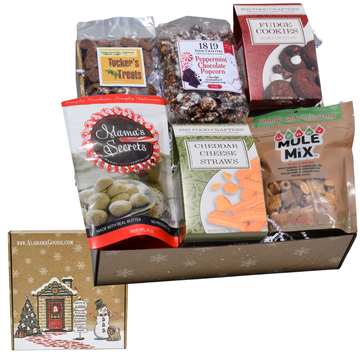 Home for the Holidays Alabama Christmas gift box with chocolate cookies, peppermint popcorn, cheese straws, cinnamon pecans, peppermint cookies and Merry Mule Mix.