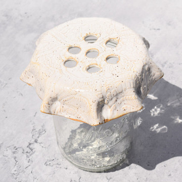 Handmade stoneware jar frog for flower arranging, made in Fairhope, Alabama, floral arranging tool for mason jars and fresh flowers
