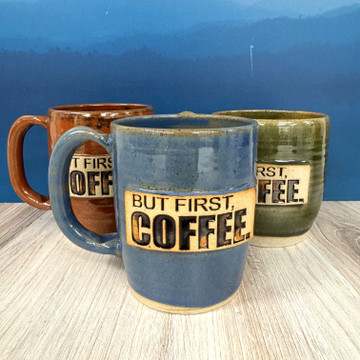 But First Coffee handmade mug, Alabama pottery coffee cup, artisan ceramic mug with stamped message in red blue or green