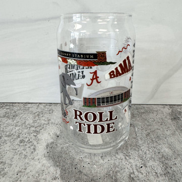 Alabama Crimson Tide glass with Big Al and Denny Chimes icons officially licensed University of Alabama drinkware