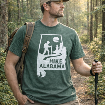 Alabama hiking t-shirt with state outline and trail scene graphic, soft outdoor tee for hikers, Alabama gift shirt, nature-inspired apparel