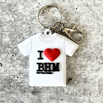 I ❤️ BHM Birmingham, Alabama rubber t-shirt keychain attached to keys, Birmingham souvenir gift for locals, UAB students, and Alabama travelers
