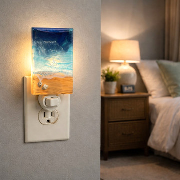 Handmade ocean resin nightlight with blue coastal waves and sandy beach design made in Alabama
