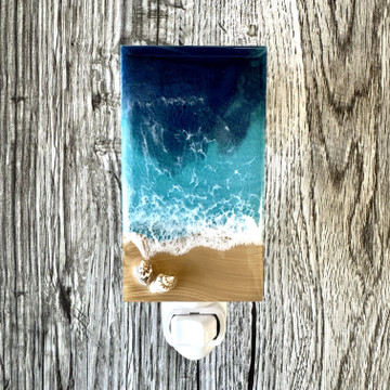 Handmade ocean resin nightlight with blue coastal waves and sandy beach design made in Alabama
