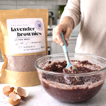 Lavender brownie mix made in Alabama with rich chocolate and floral notes. Gourmet baking mix for unique desserts and gift giving.