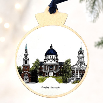 Samford University ornament featuring iconic campus landmarks illustrated on a wooden Christmas ornament with ribbon hanger, ideal alumni gift and keepsake.