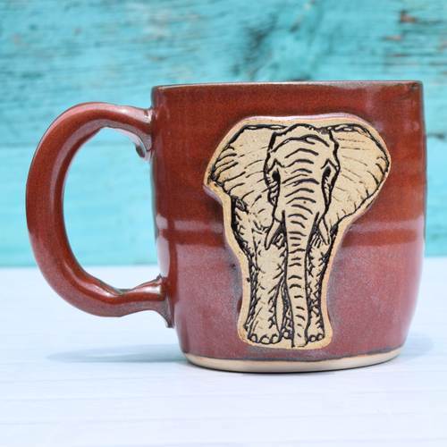 Handmade elephant coffee mug Alabama pottery by Nelson Pottery, stoneware mug with elephant design made in Cullman Alabama