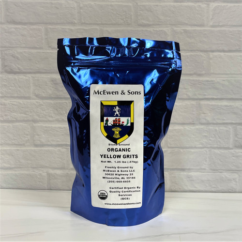 Corn grits in rustic packaging, stone ground Alabama grits, McEwen & Sons product image, gourmet Southern food gift