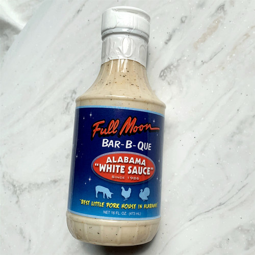 Alabama white BBQ sauce in bottle, Full Moon Bar-B-Que white sauce, creamy Southern barbecue sauce, made in Alabama food product