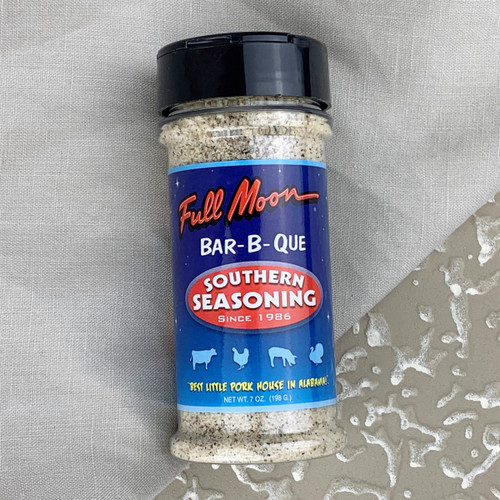 Grilling seasoning, Alabama BBQ seasoning, Southern spice blend, BBQ rub on meat, Full Moon seasoning jar