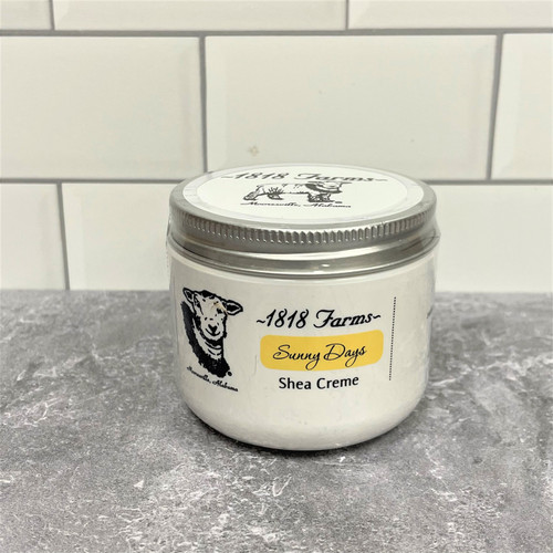 1818 Farms Shea Creme whipped body butter in glass jar, Alabama made natural skincare product Sunny Days