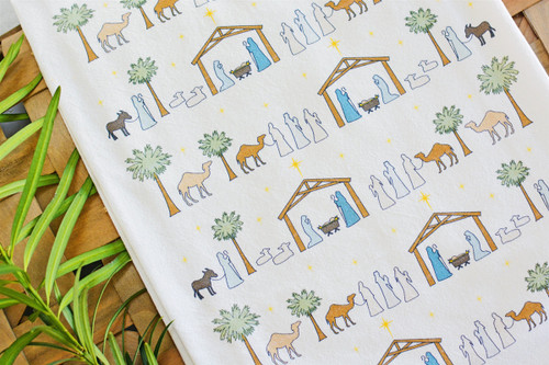 Nativity Christmas tea towel, Alabama-made cotton kitchen towel with nativity scene, holiday dish towel gift, faith-based Christmas décor, flour sack towel