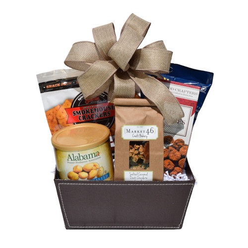Alabama artisan gift basket with sweet and savory snacks