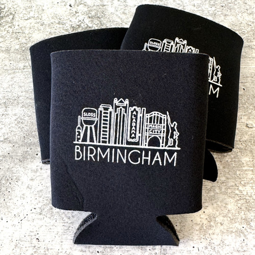 Birmingham skyline koozie black neoprene can cooler with white city skyline design, Birmingham Alabama souvenir drink sleeve