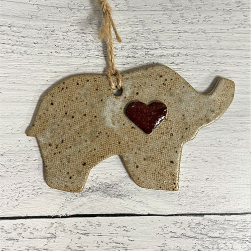 Ceramic elephant ornament with heart, handmade in Alabama, neutral glazed pottery gift, Aspire Pottery Birmingham elephant figurine