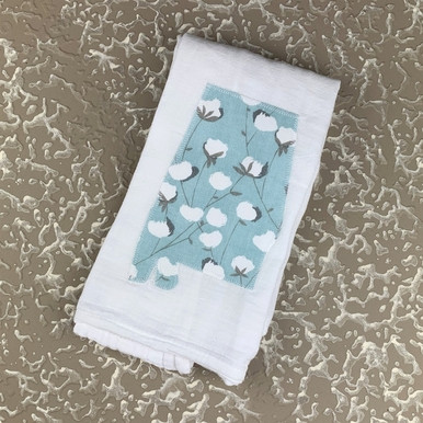 Blue Alabama-shaped cotton tea towel made from flour sack fabric, handmade in Birmingham Alabama with patterned design