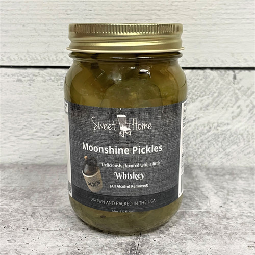 Sweet Home Moonshine Pickles in glass jar, sweet Southern pickles made in Alabama, gourmet snack gift, crunchy sweet pickles close-up