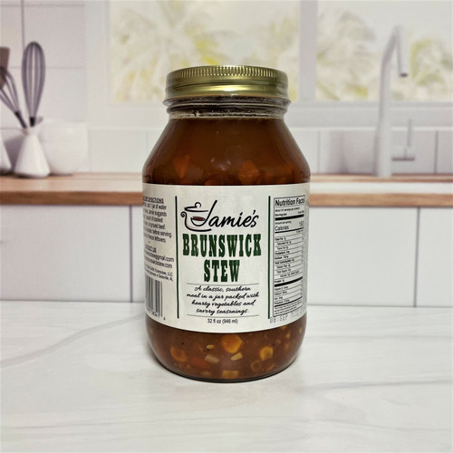 Jamie’s Brunswick Stew Mix in a 32 oz jar made in Alabama, Southern stew starter with savory vegetables and seasonings for pulled pork or chicken meals