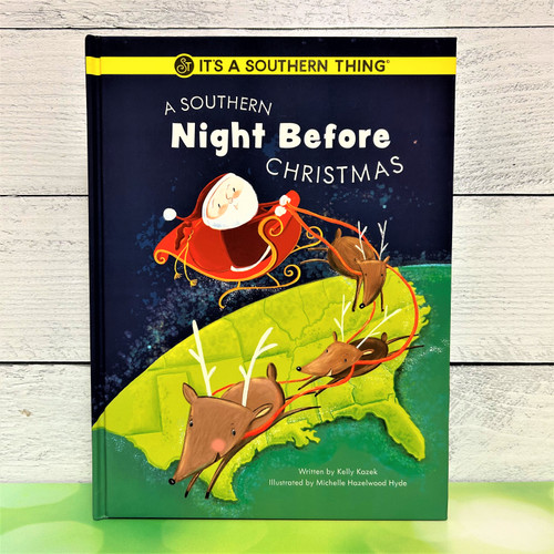 Cozy illustrated Southern Christmas book with festive family reading scene, “A Southern Night Before Christmas” holiday gift book, Southern children’s Christmas story