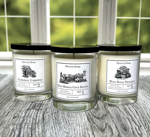 Hoover Home Alabama soy candle in glass jar, hand-poured with essential oils and crafted in Alabama for home décor and thoughtful gifting