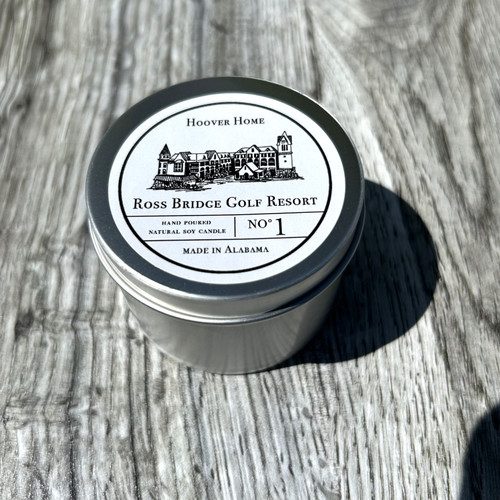 Hoover Home soy candle tin in 4 oz metal container, Alabama made scented candle gift, travel candle, local Hoover Alabama souvenir Ross Bridge
