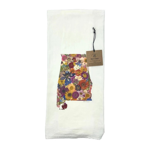 Alabama cotton kitchen towel with pressed flowers design from 1818 Farms, displayed in a bright kitchen setting