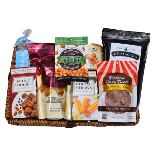 Gratitude Galore gourmet gift basket featuring Alabama-made snacks, artisan sweets, crackers, kettle corn, pecans, cookies, and corporate gift packaging from women-owned and veteran-owned businesses.