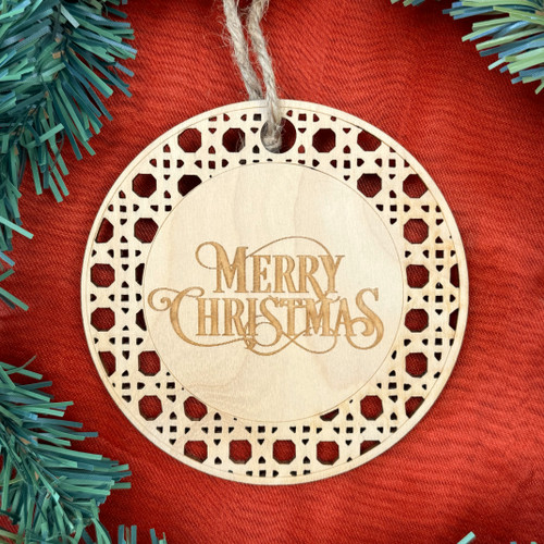 Round wooden Merry Christmas ornament hanging on Christmas tree, natural wood Alabama-made holiday decoration gift