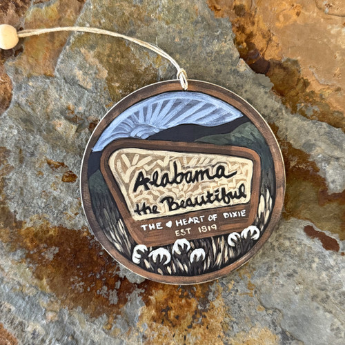 Hand-painted wooden Alabama ornament featuring “Alabama the Beautiful” with cotton and wheat fields, rustic Southern holiday décor and Alabama gift idea.