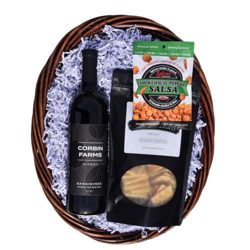 Sip & Savor Wine Gift Basket featuring Corbin Farms Chardonnay or Sangiovese with gourmet crackers and savory snacks, beautifully packaged for gifting by Alabama Goods.