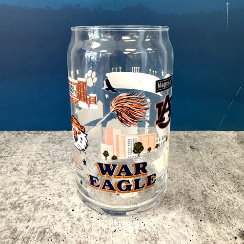 Auburn Tigers glass with Aubie the Tiger and campus icons officially licensed Auburn University drinkware