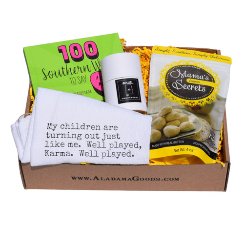 “Moms Front Porch Favorites Alabama-made gift box with lemon cookies, candle, Southern kitchen towel, and heartfelt gift book for Mom”