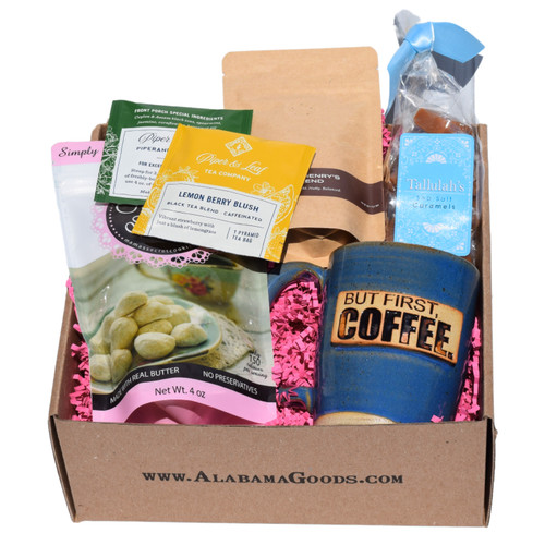 Soft sea salt caramels, Alabama coffee, artisan wedding cookies, and handcrafted mug in a premium Alabama-made gift basket for Mom
