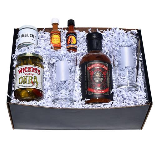 Bloody Mary gift kit with Alabama-made cocktail mix, pickled okra, hot sauce, salt rimmer, and glasses arranged in premium gift packaging
