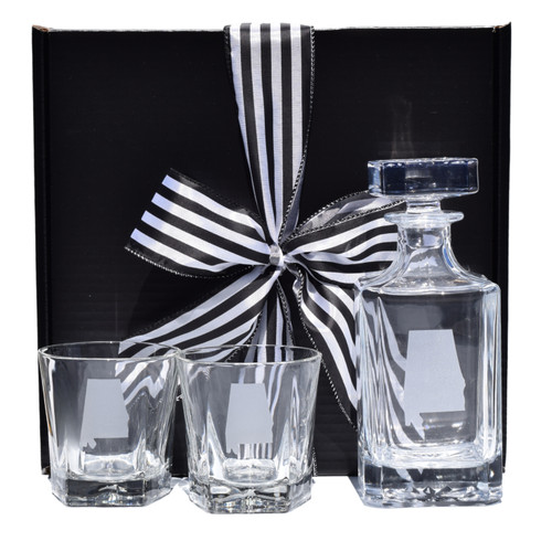 Executive whiskey decanter gift set with etched glass decanter and matching whiskey glasses, luxury Southern-inspired barware gift from Alabama Goods.