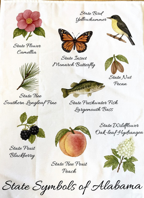 Alabama symbols tea towel featuring camellia flower yellowhammer bird southern kitchen gift