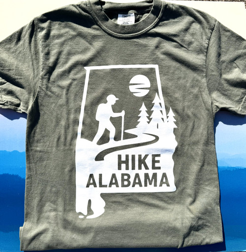 Alabama hiking t-shirt with state outline and trail scene graphic, soft outdoor tee for hikers, Alabama gift shirt, nature-inspired apparel