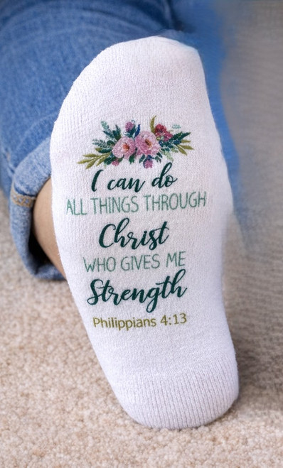 Scripture socks featuring Philippians 4:13 with a floral design on white fabric, Christian faith socks for women gift
