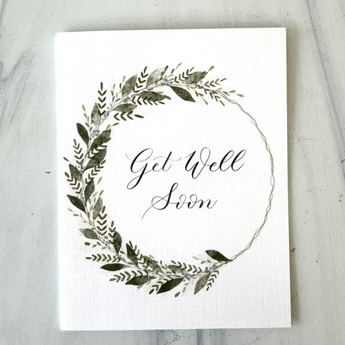 Get well soon greeting card with greenery wreath design, blank inside with envelope, thoughtful recovery card for encouragement and gifting