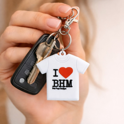 I ❤️ BHM Birmingham, Alabama rubber t-shirt keychain attached to keys, Birmingham souvenir gift for locals, UAB students, and Alabama travelers