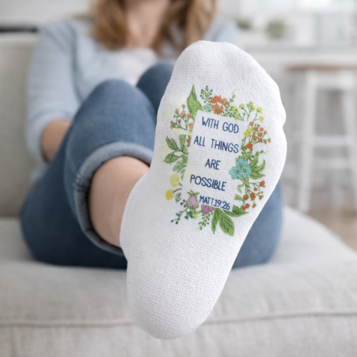 Faith Scripture Socks Matthew 19:26 floral no-show socks white background