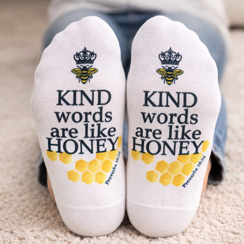 Kind words scripture socks with honeycomb design, Christian no-show socks with Proverbs 16:24, faith gift for women, Alabama-inspired apparel
