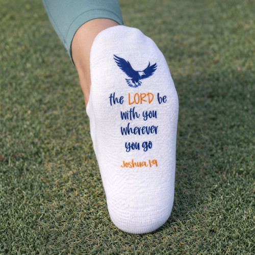 Joshua 1:9 Christian no-show socks with eagle design in navy and orange, Auburn-inspired faith-based gift