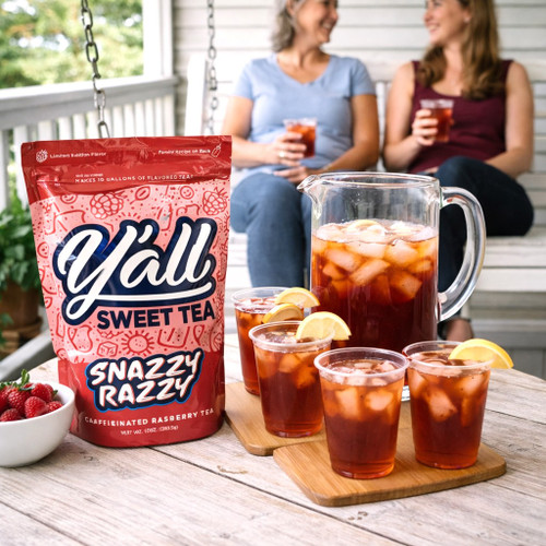 Y’all Sweet Tea Snazzy Razzy Raspberry Tea Alabama-made raspberry sweet tea blend for iced tea pitchers and Southern gifts
