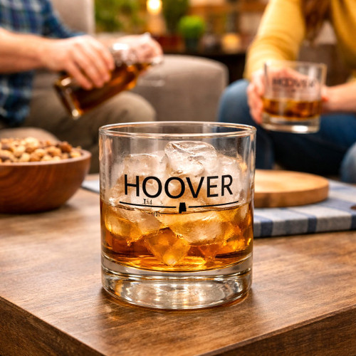 Hoover Alabama whiskey glass with Alabama silhouette and weighted rocks glass design for bourbon and cocktails