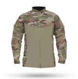 Slate Solutions Ballistic Tactical Shirt MultiCam front view showing full-zip FR front, integrated upper chest ballistic panel, and stretch-woven sleeves